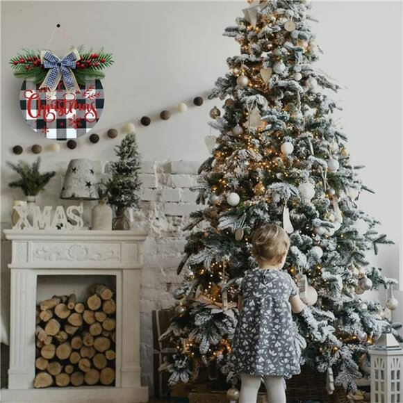 Merry Christmas Wreath for Front Door Buffalo Plaid Christmas Decoration (Black) - Picture 5 of 6